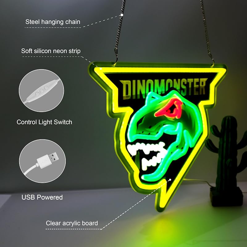 Letrero neón dinosaurio con interruptor para fiestas