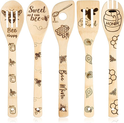 Set 5 Espátulas Madera Abeja Antiadherente Cuchara Bambú