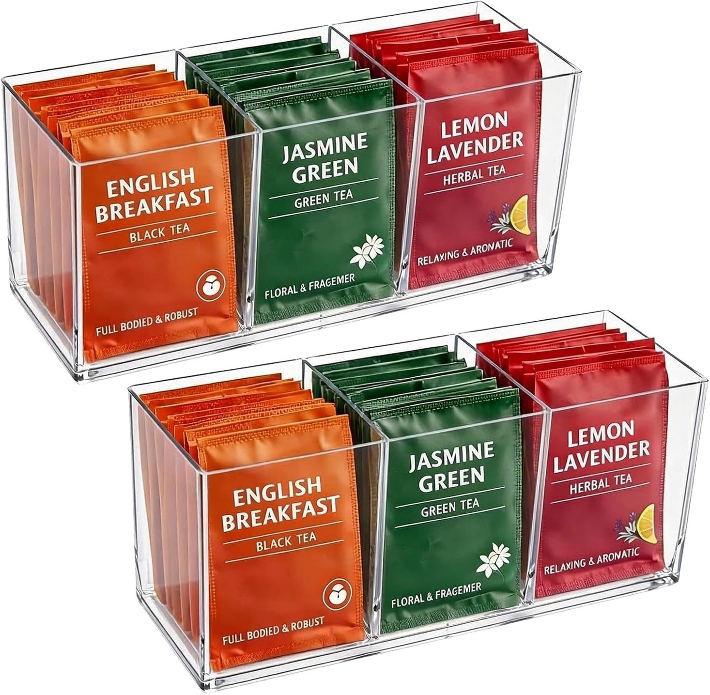 Organizador de bolsas de té en caja plástica transparente con 3 compartimentos