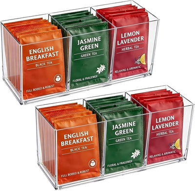 Organizador de bolsas de té en caja plástica transparente con 3 compartimentos