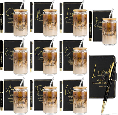 Vasos de vidrio con tapa y pajita, cuaderno de oración regalo cristiano