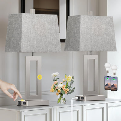 2 Lámparas Mesa Táctil Plateadas con USB y Salida CA