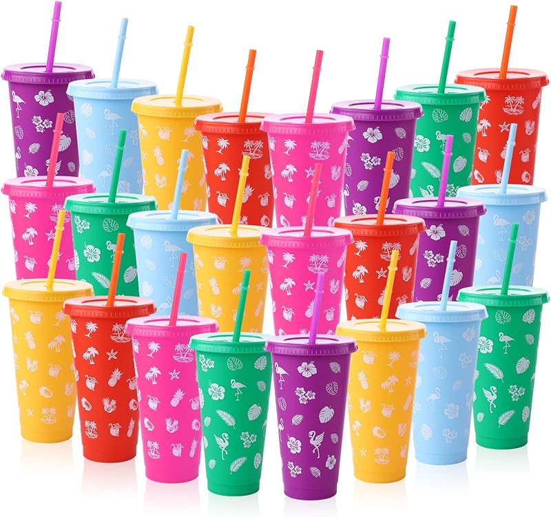 24 Vasos Luau 24oz con Popote Tapa Reutilizables Tiki Aloha