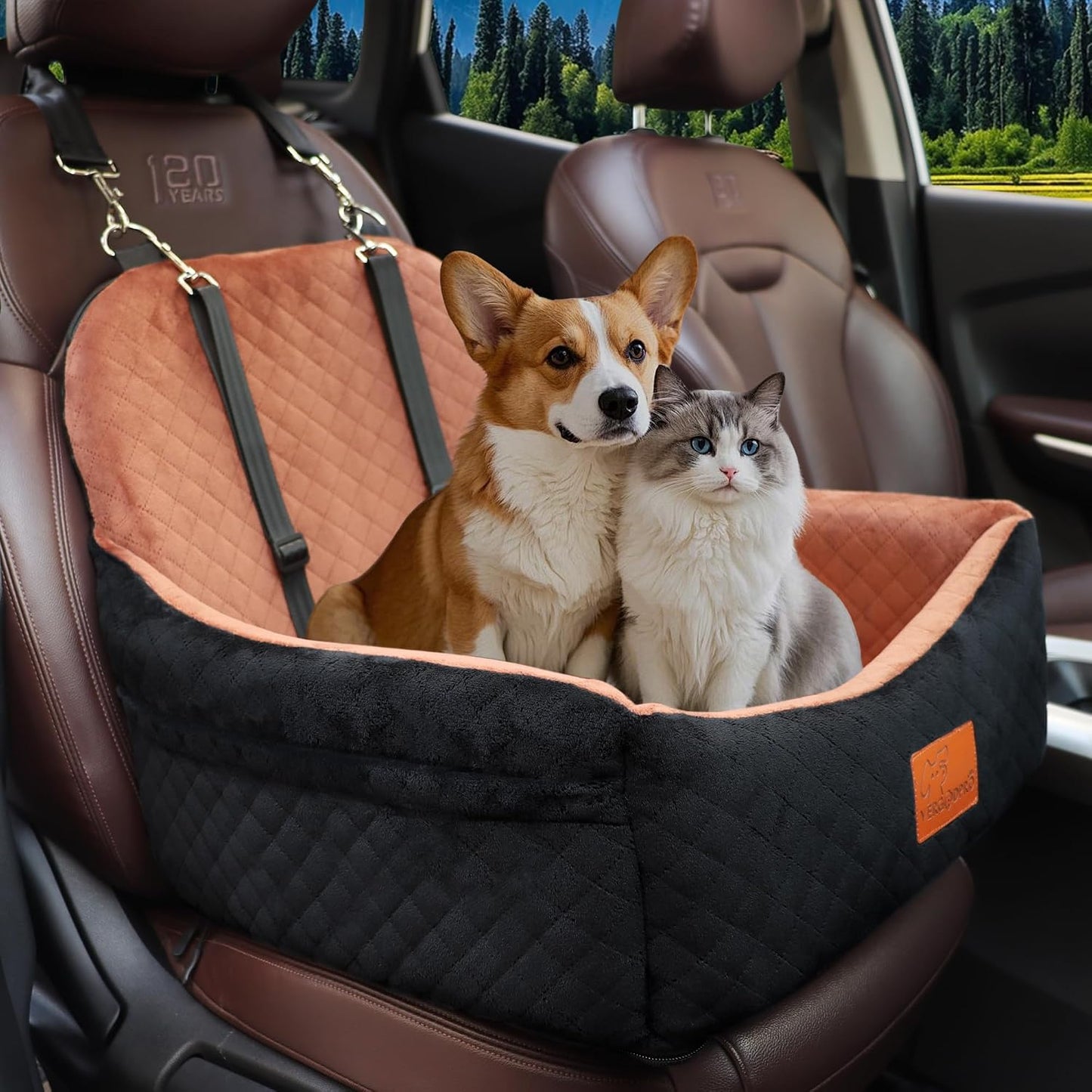 Asiento coche perro elevado 25lb tela suave con cinturones