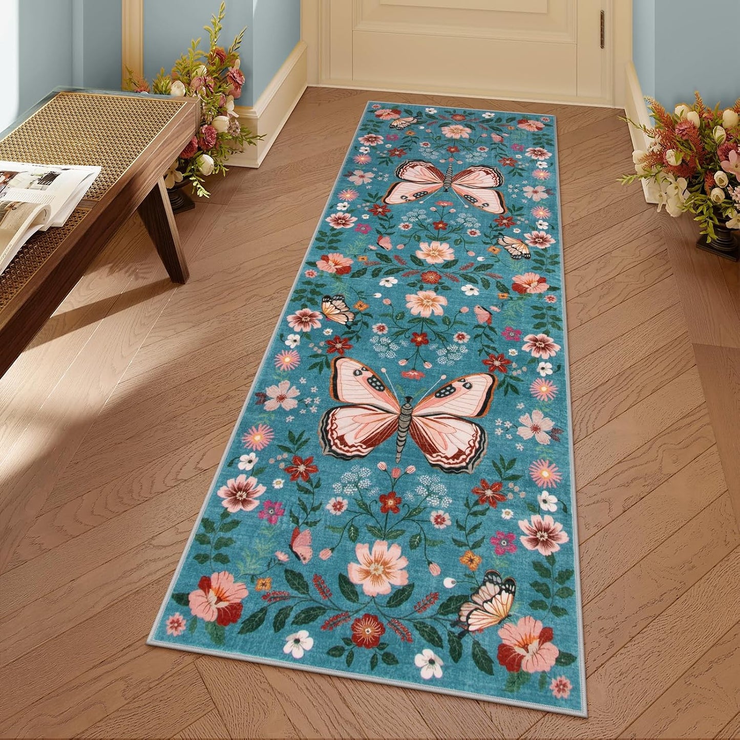 Alfombra pasillo floral azul 2x6pulg antideslizante lavable