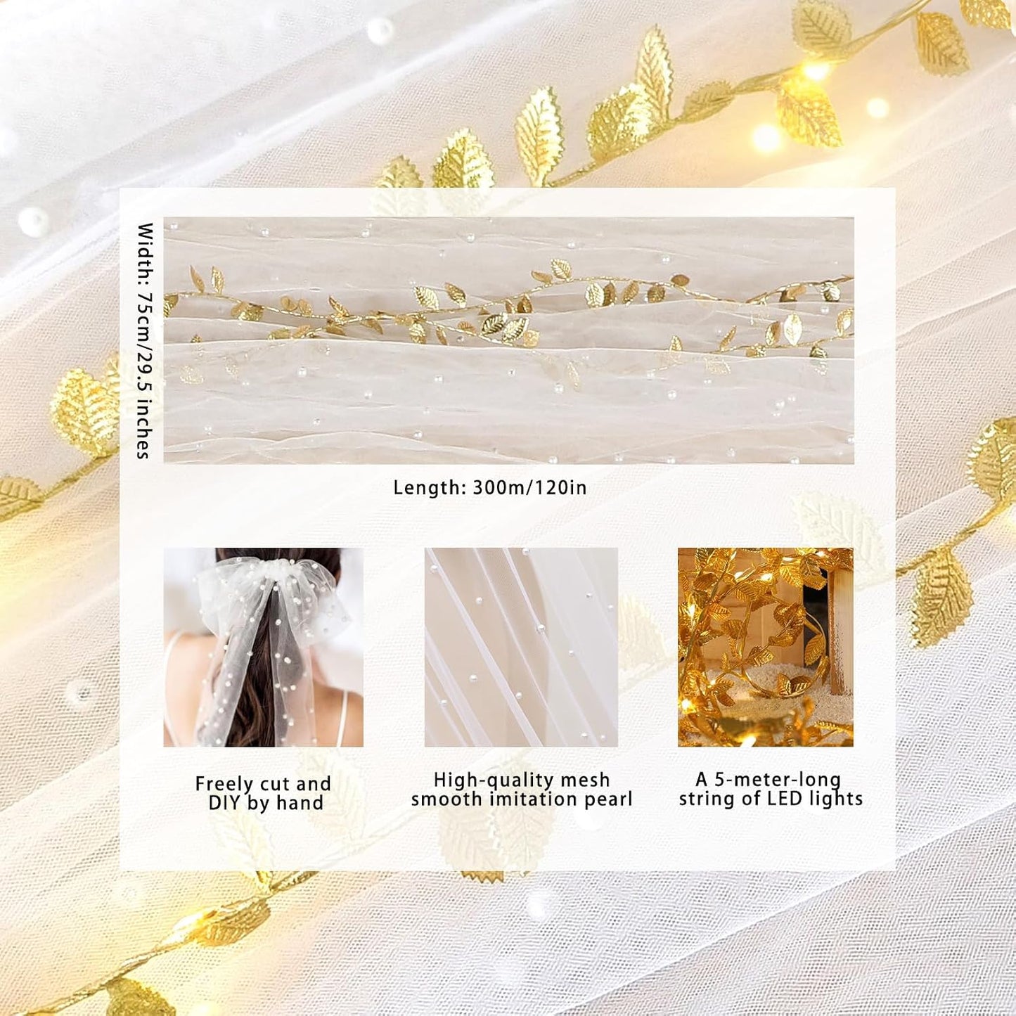 Mesa Camino Perlas Blancas Luces 10ft Encaje Tul Boda