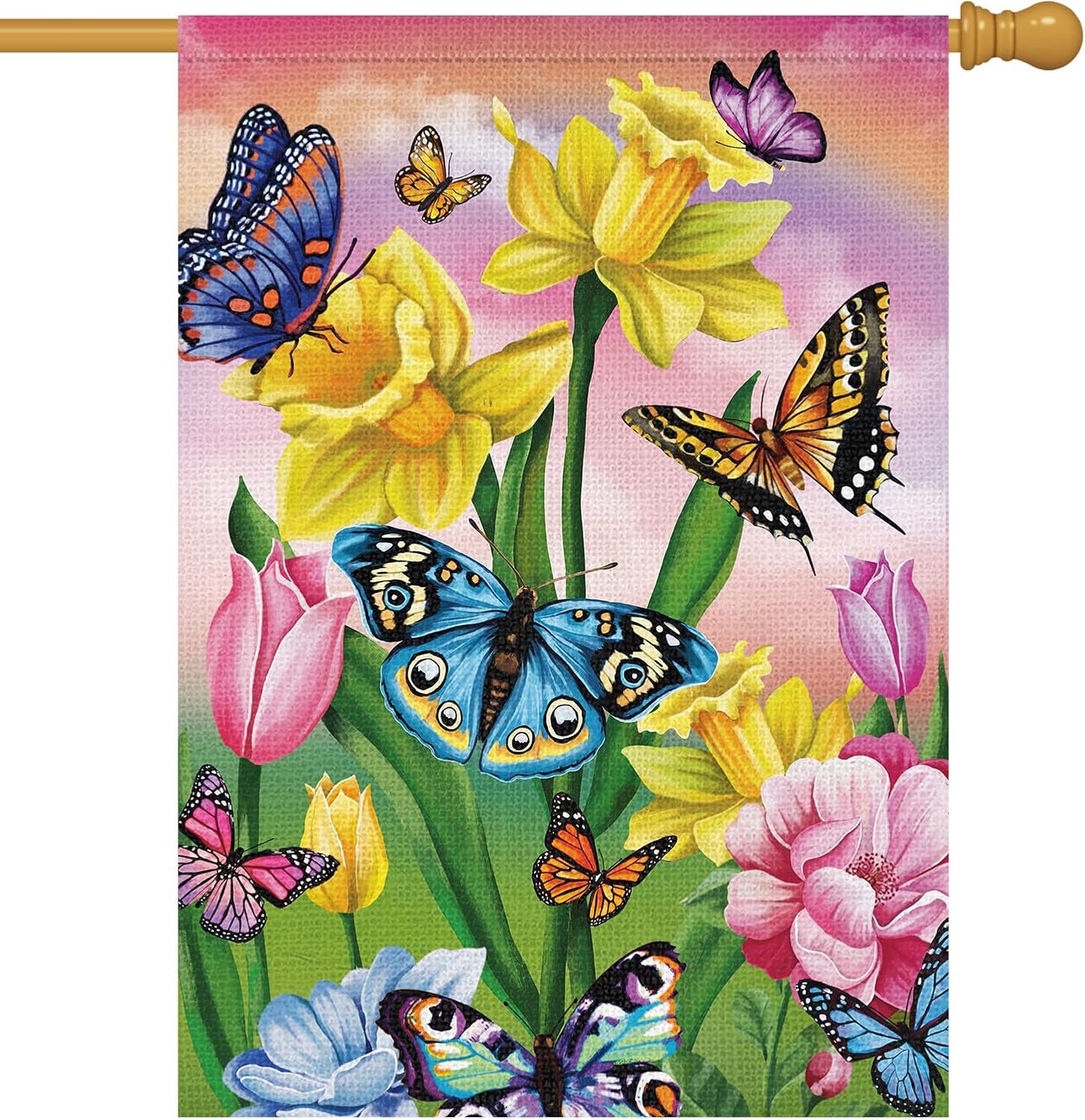 Bandera jardín 28x40pulg doble cara arpillera flores