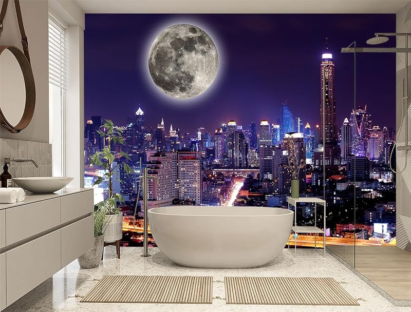 Papel tapiz tela vista nocturna ciudad luna 88x59"