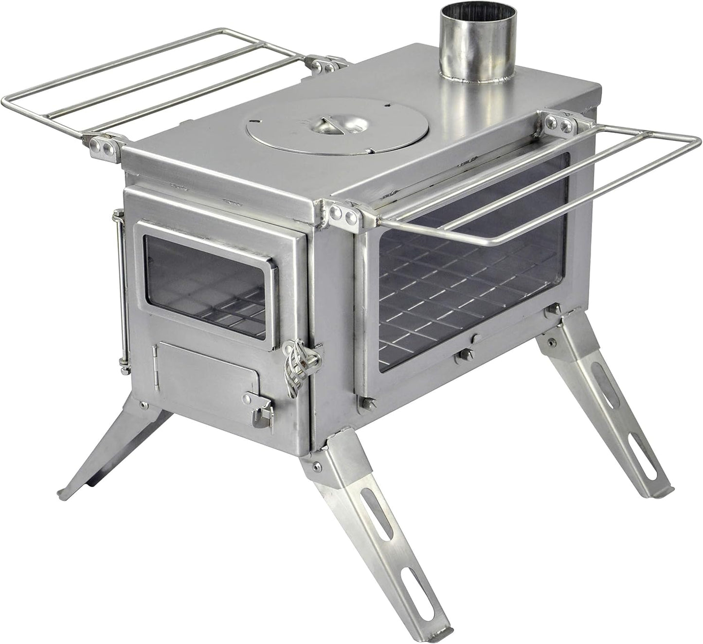 Estufa leña portátil acero inox ventanas vidrio patas