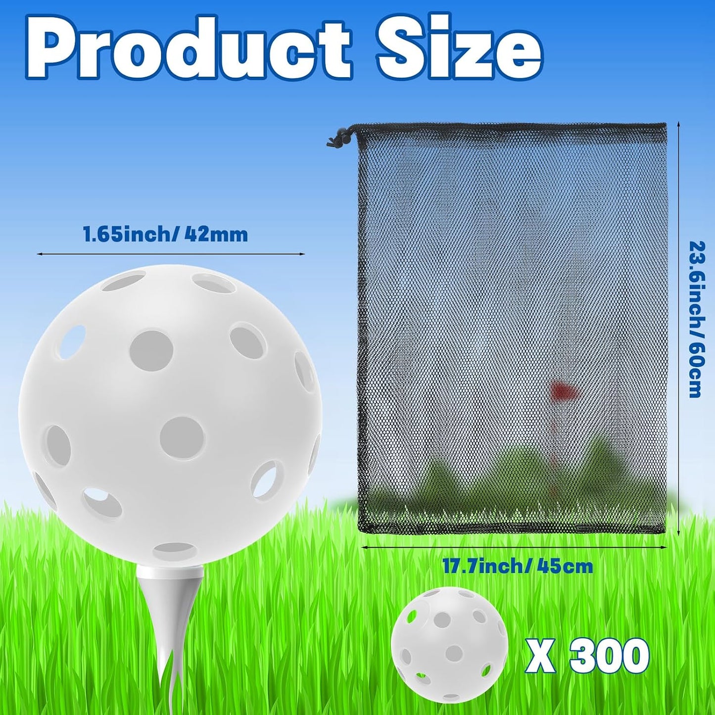Pack 72/150/300 pelotas golf plástico 1.654pulg con bolsa