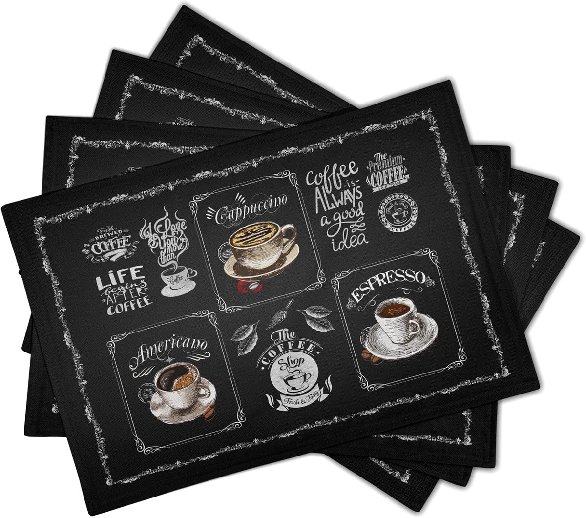 4 Manteles Cafe Life 12x18pulg Cafetera y Granos de Café