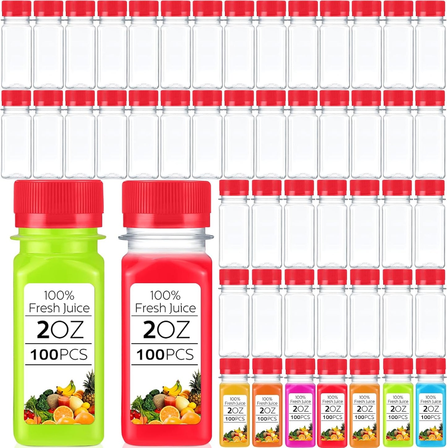 100 Botellas Plástico 2oz Tapa Reutiliz. Rojo