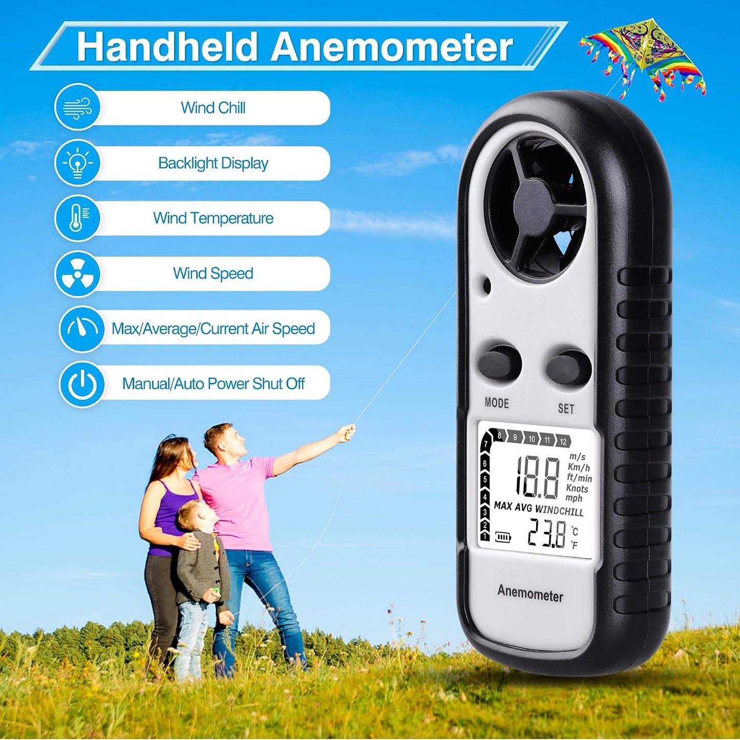 Anemómetro digital medidor velocidad viento y temperatura