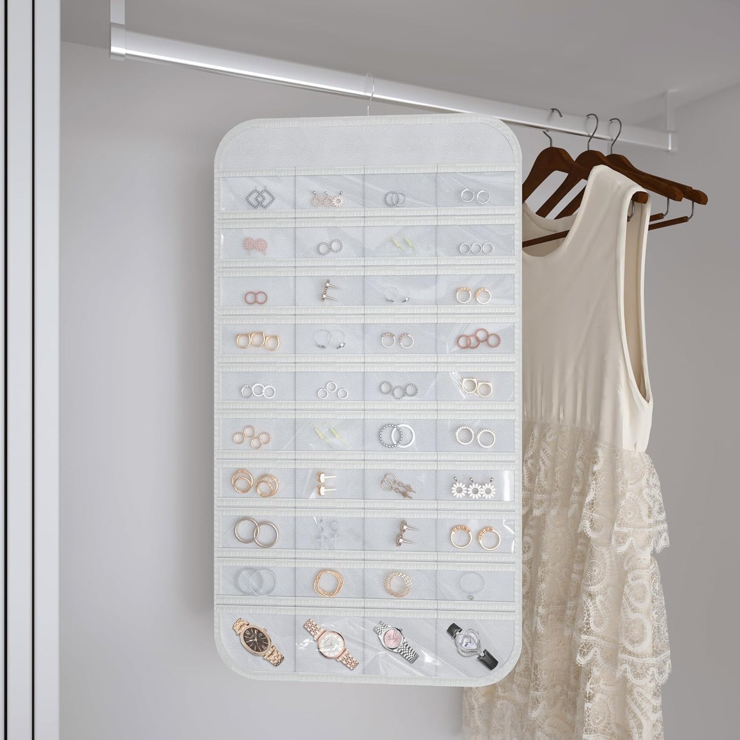 Pack 2 organizadores joyas colgantes 40 bolsillos 36 ganchos blanco