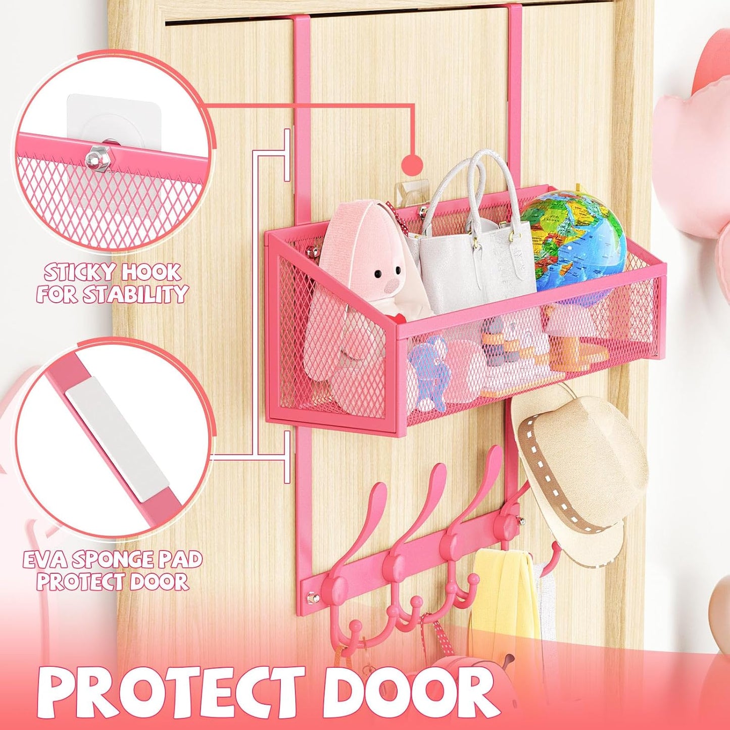Organiz. ganchos para puerta toallero 2 niveles rosa