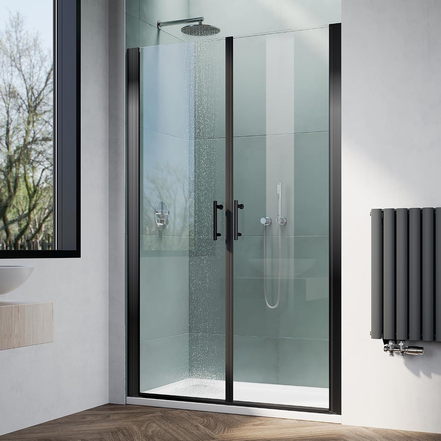 Puerta ducha pivote 44x75pulg vidrio templado 1/4pulg acabado negro