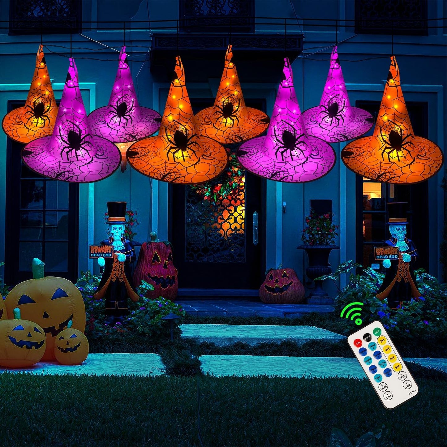 8 Sombreros Bruja Iluminados 16" Cadena Luces Halloween