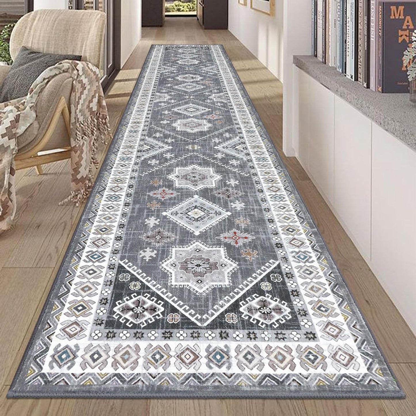 Alfombra pasillo 2x10ft antiderrap estilo bohemio gris