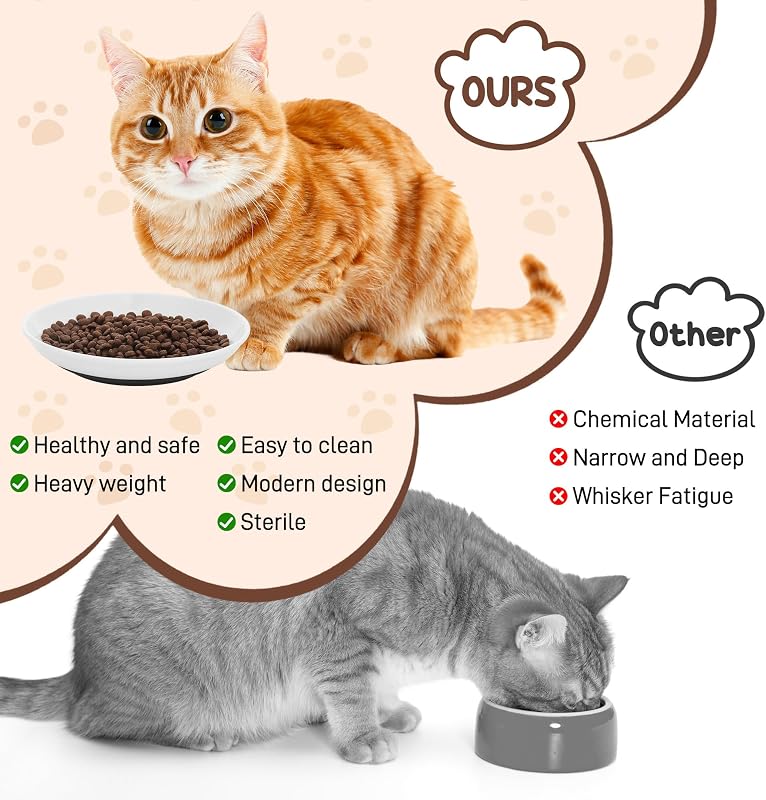 3 Pzas Cuencos Cerámica para Gatos Plano Blanco Base Antiderrap