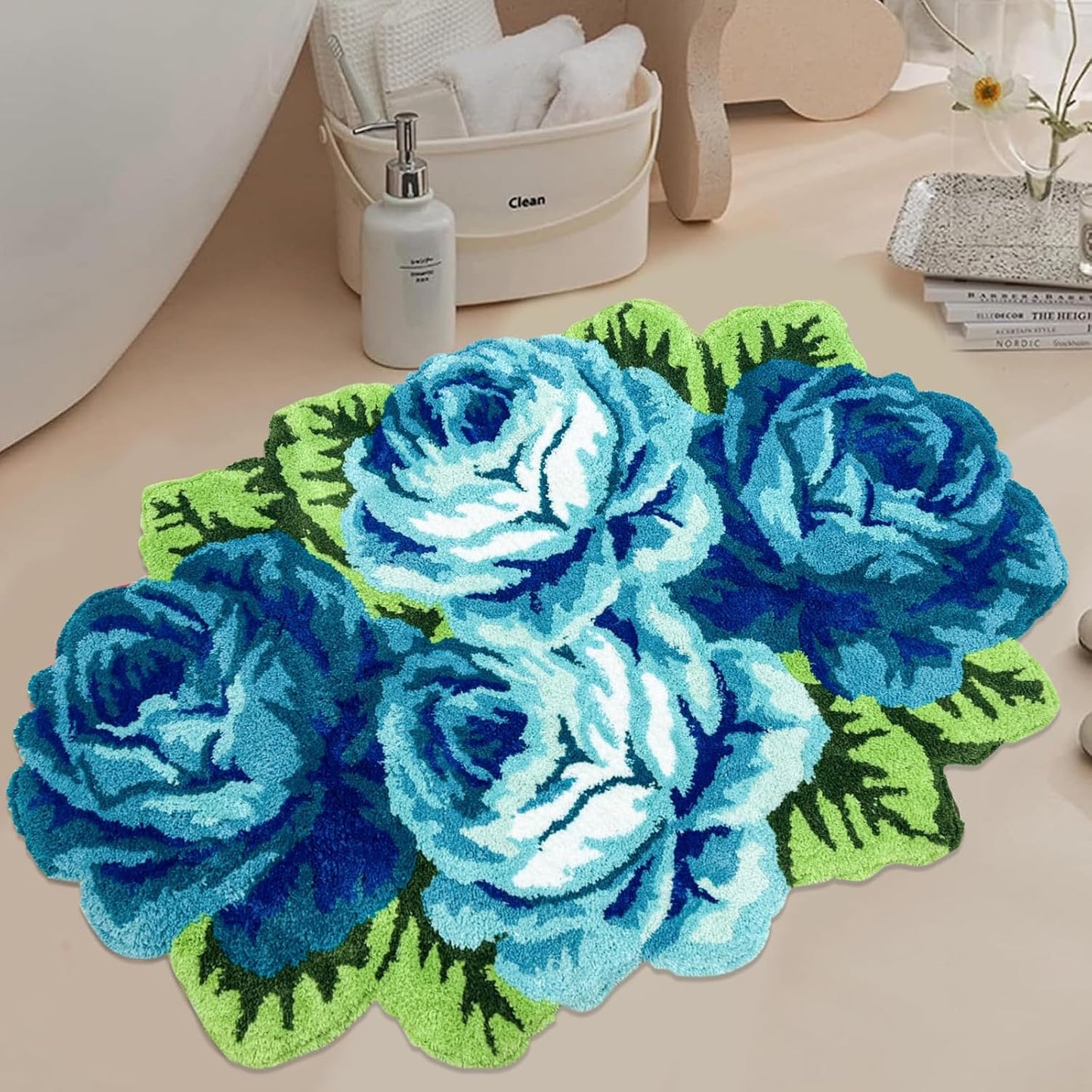 Alfombra baño rosas esponjosas azul antiderrap 2.3x3.6pies
