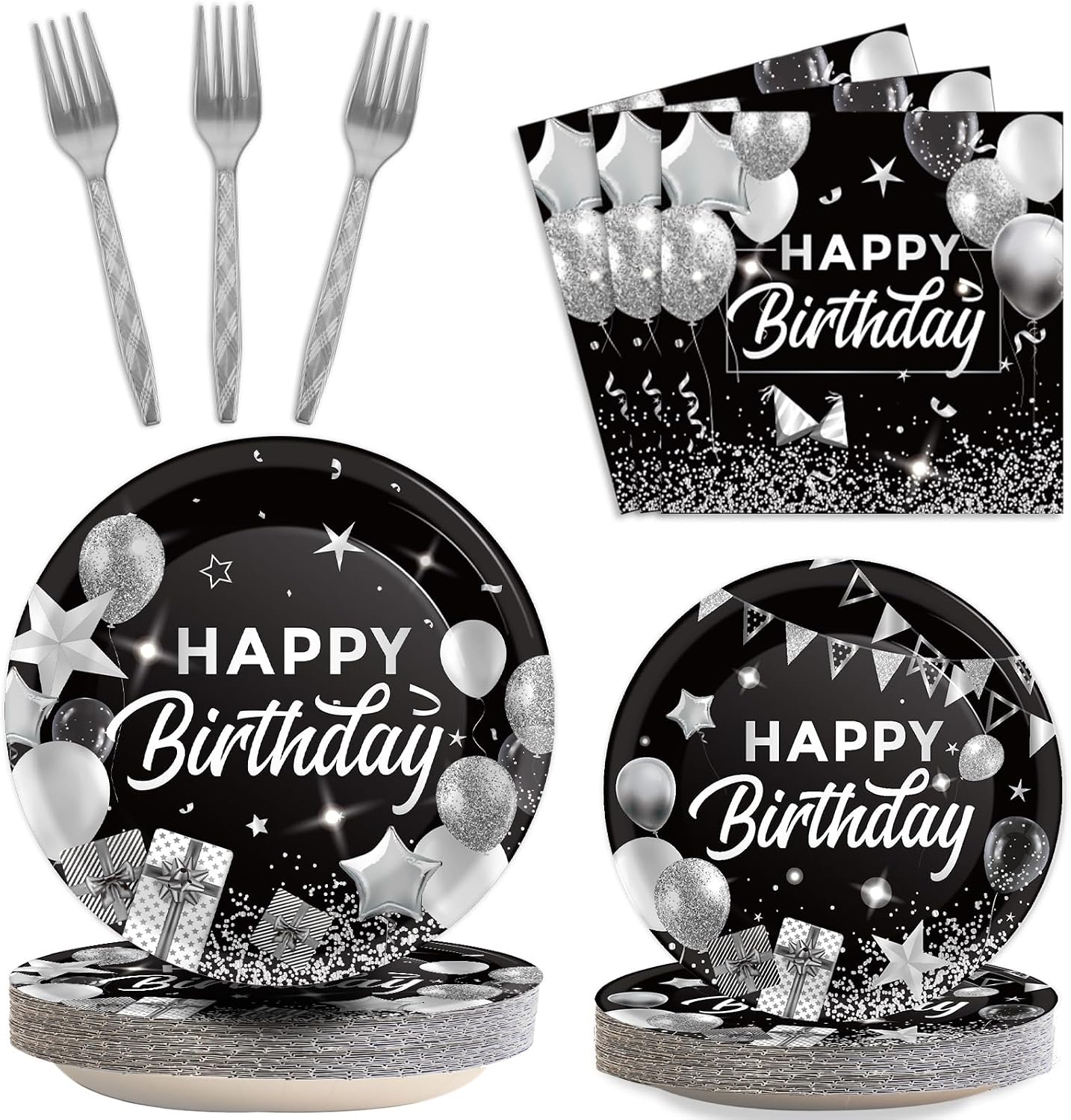 Juego 96 Pzas Decoración Cumpleaños Negro Blanco Plateado