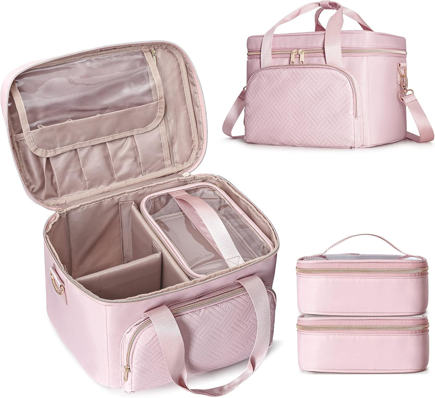 Bolsa maquillaje viaje con divisores ajustables rosa