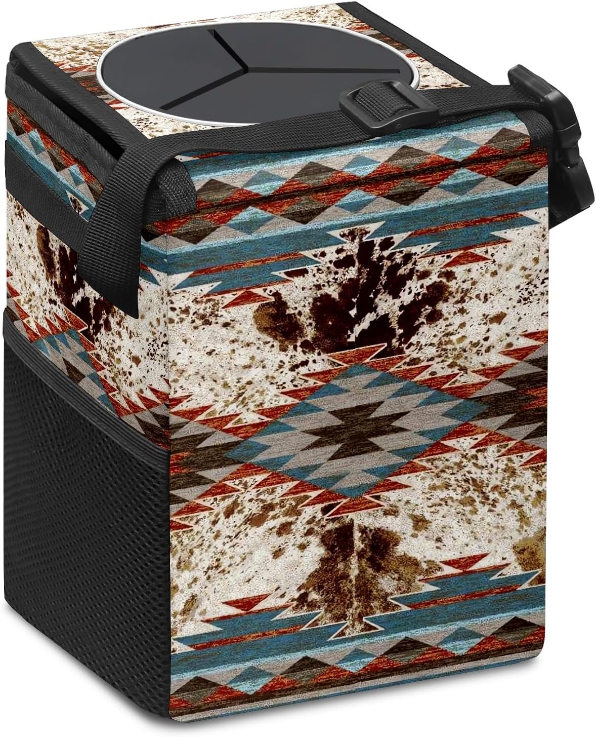 Basurero auto tapa plegable estampado vaca azteca