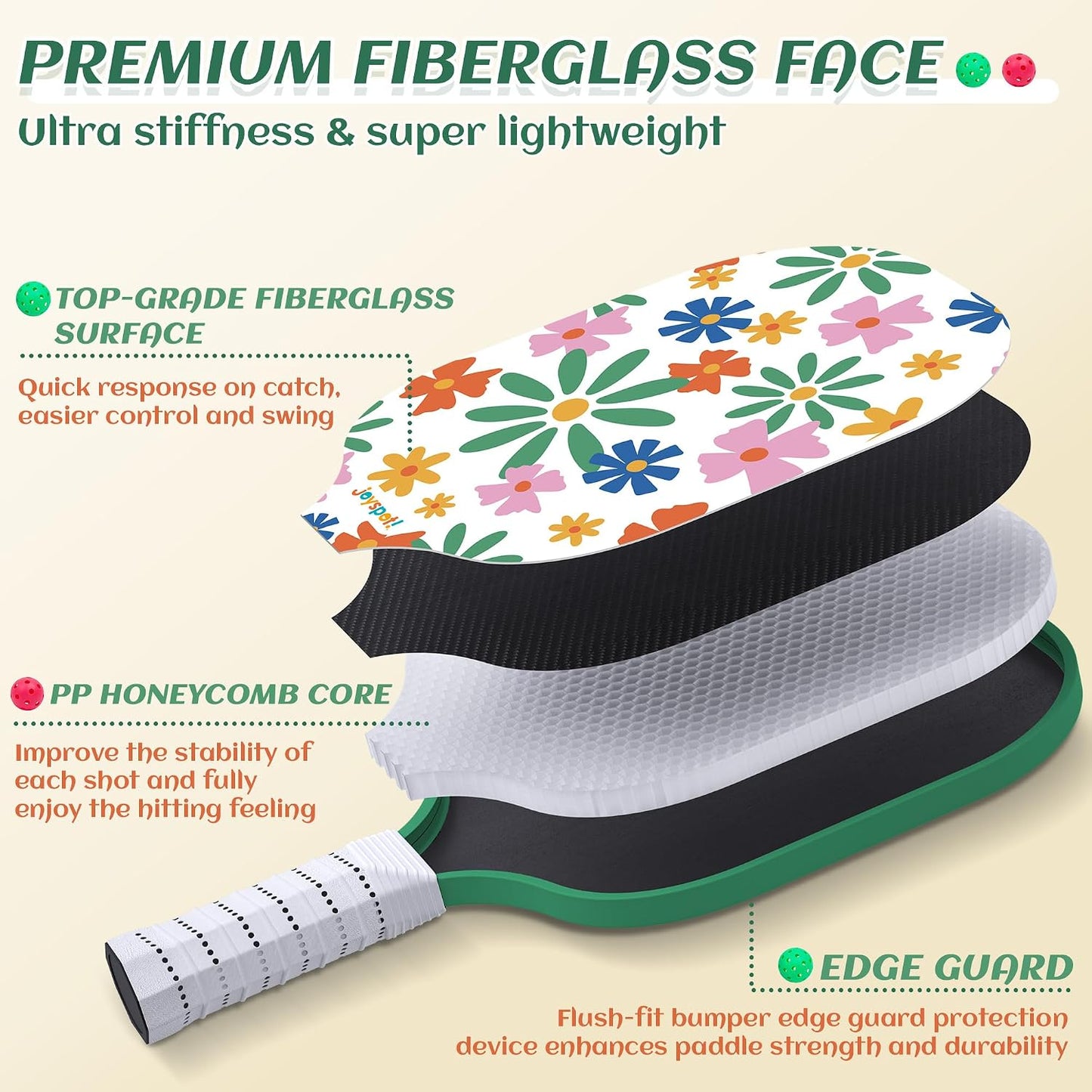 Set 2 Paddles Pickleball Fiberglass 7.5oz con 4 Bolas