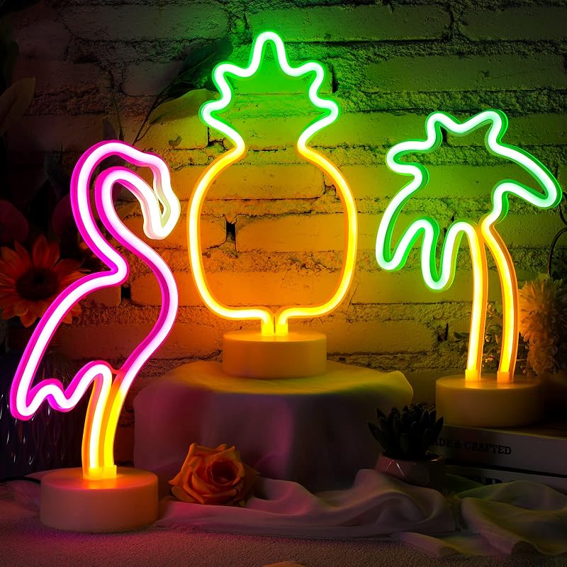 Letrero neón piña 3uds luces USB flamenco rosa