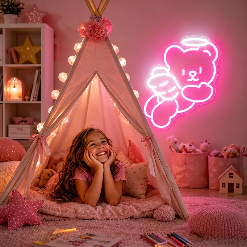 Letrero neón ángel oso LED para fiesta cumpleaños
