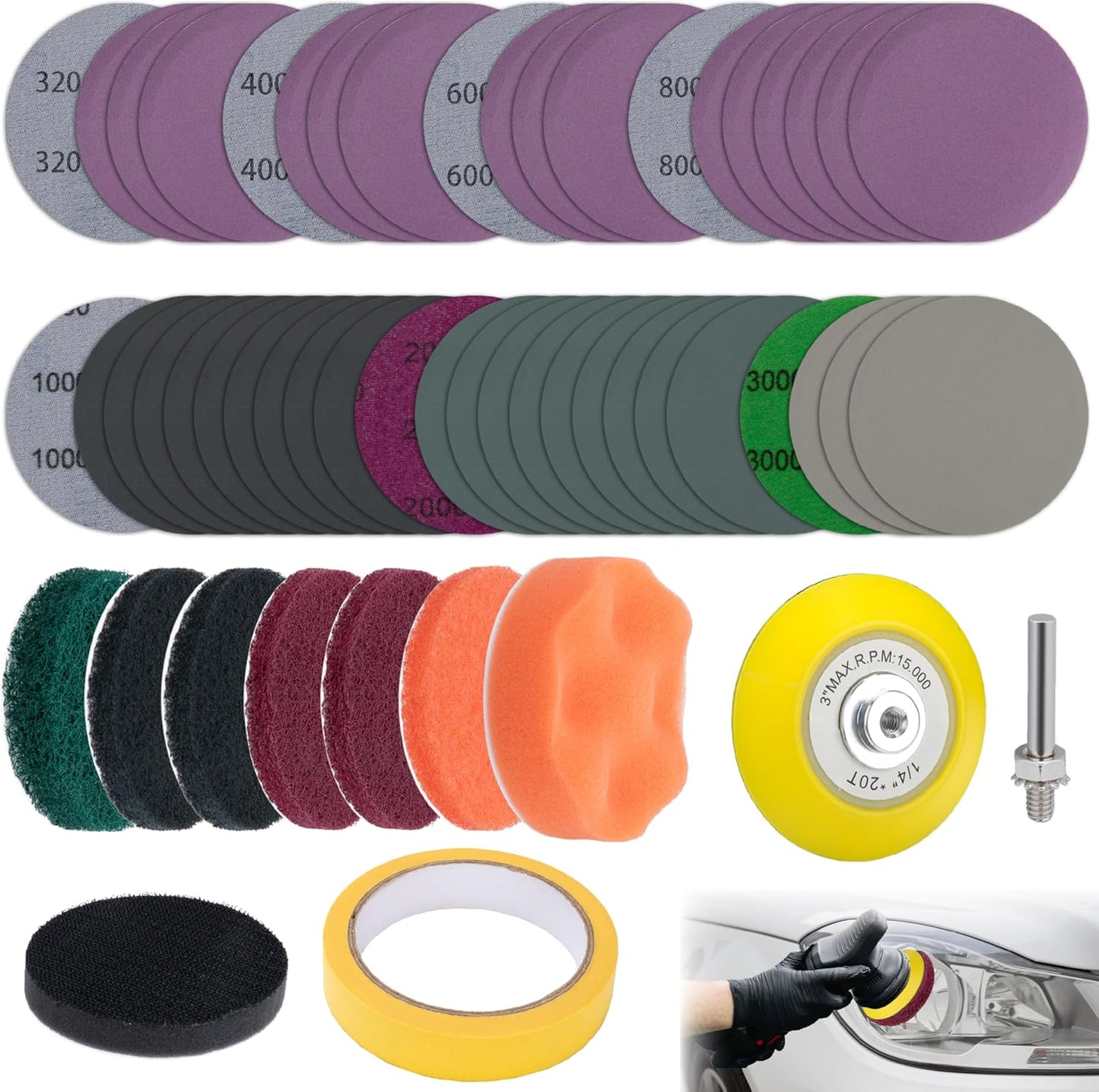 Kit faros coche 53 pzas disco lijado 3pulg vástago 1/4pulg