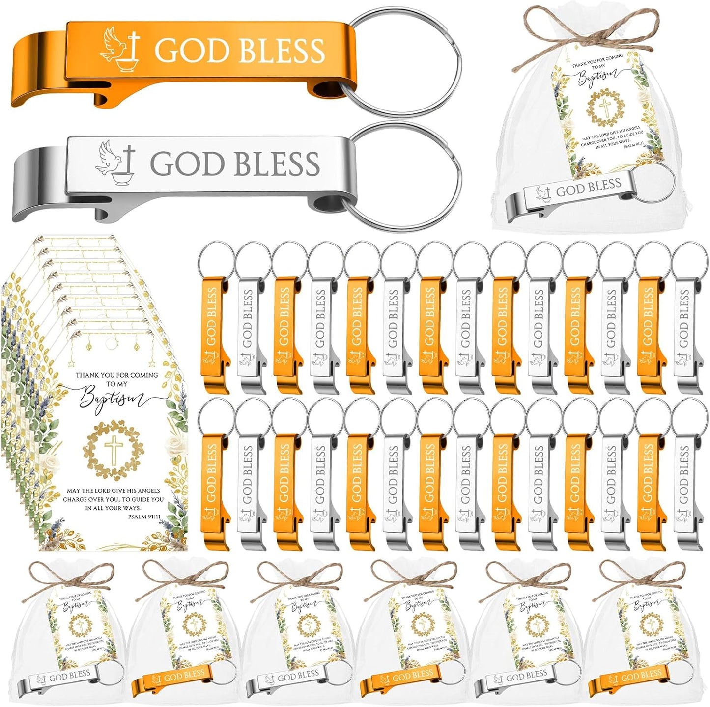 Juego de 25 regalos de fiesta de bautismo con llaveros, tarjetas y bolsas de organza