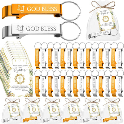 Juego de 25 regalos de fiesta de bautismo con llaveros, tarjetas y bolsas de organza
