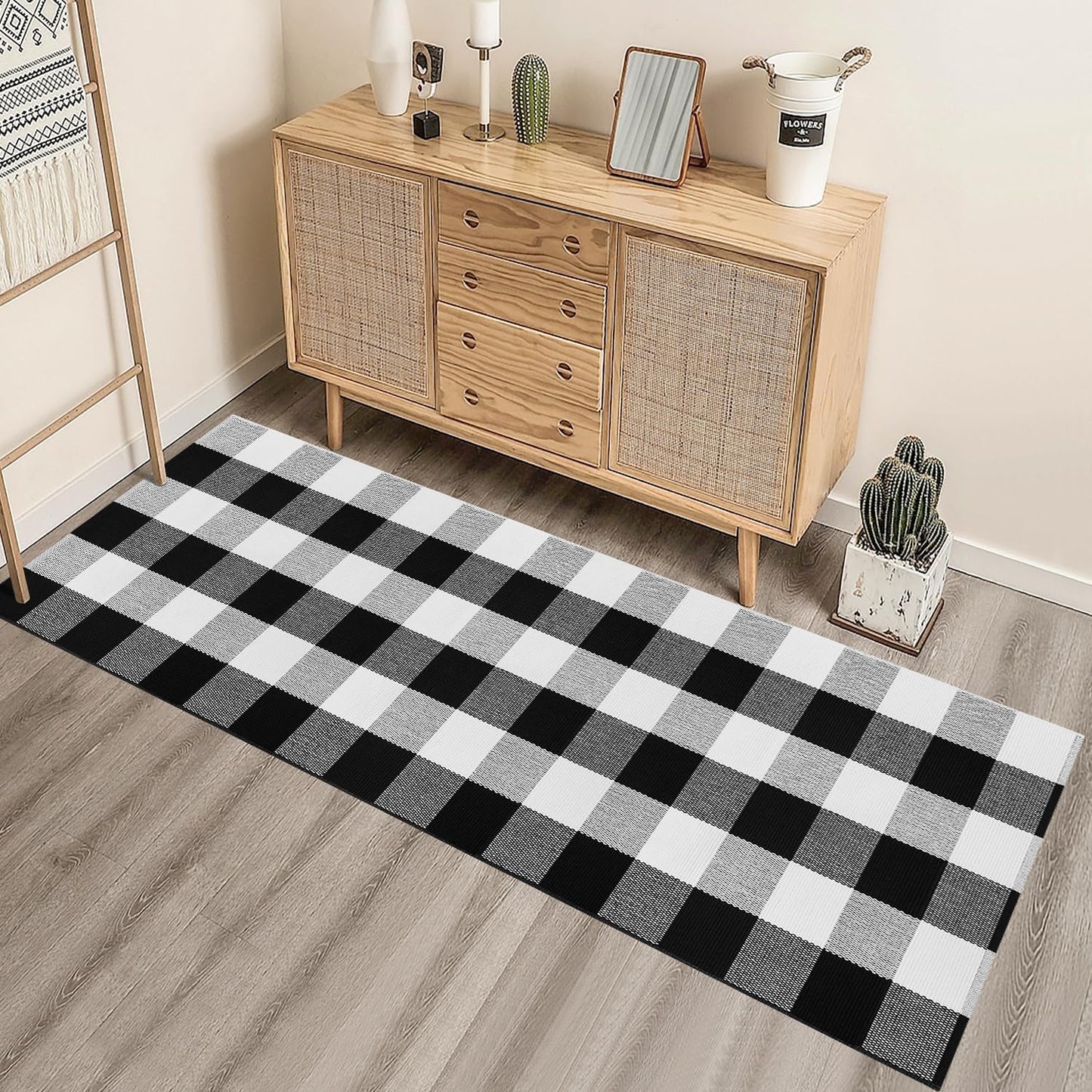 Alfombra pasillo cuadros 2x6ft algodón negro blanco