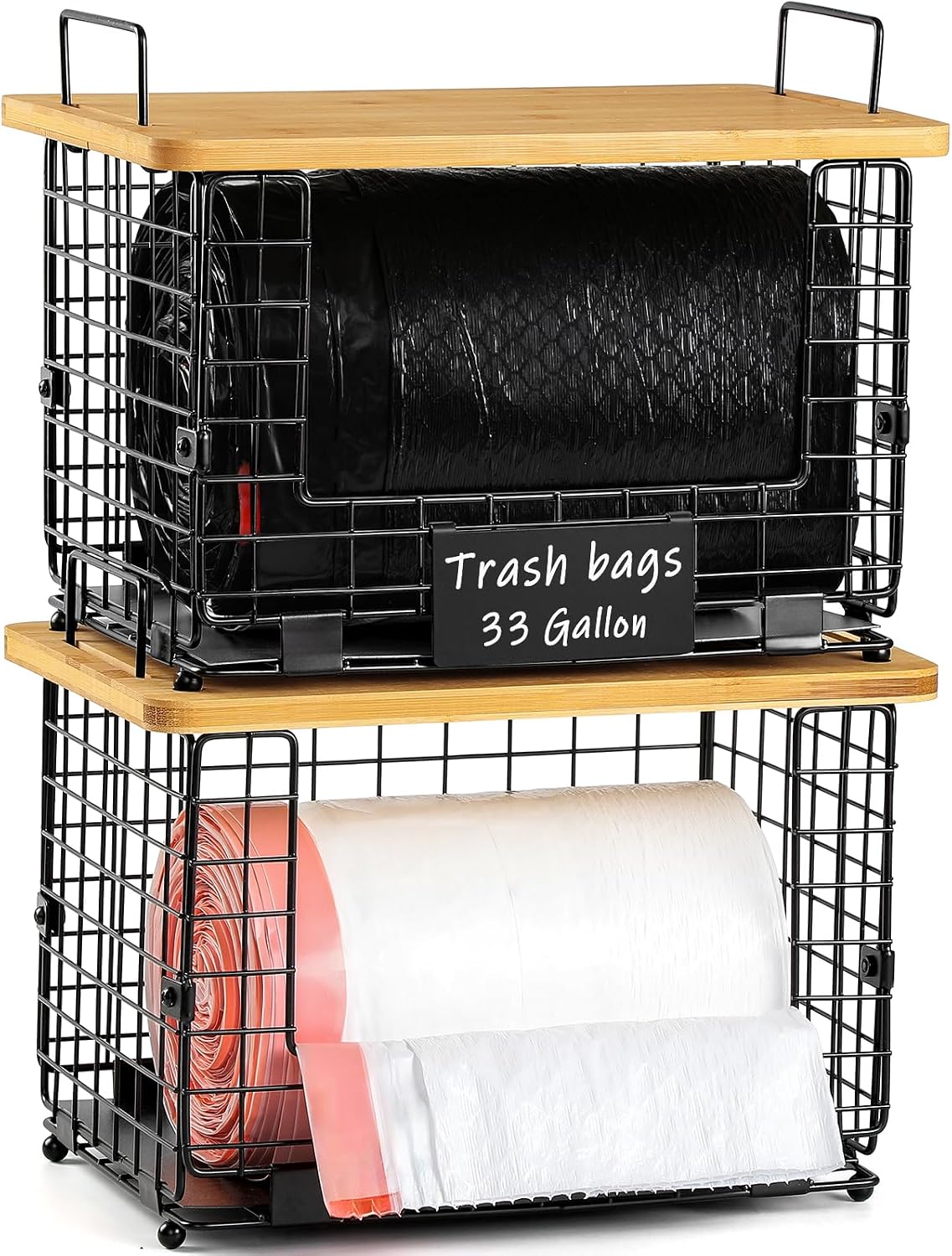 Cesta apilable para bolsas de basura con tapa bambú