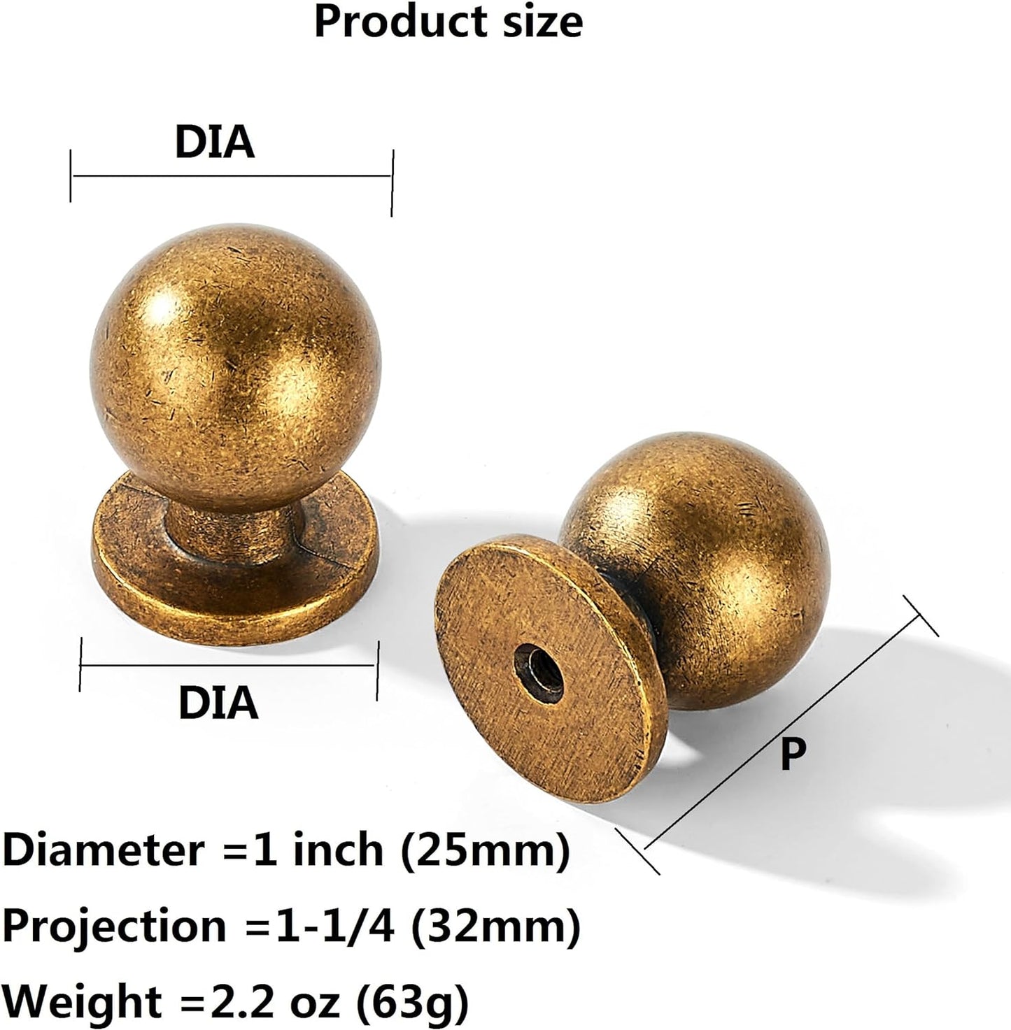 Pack 20 pomos bola latón antiguo 1pulg alacena