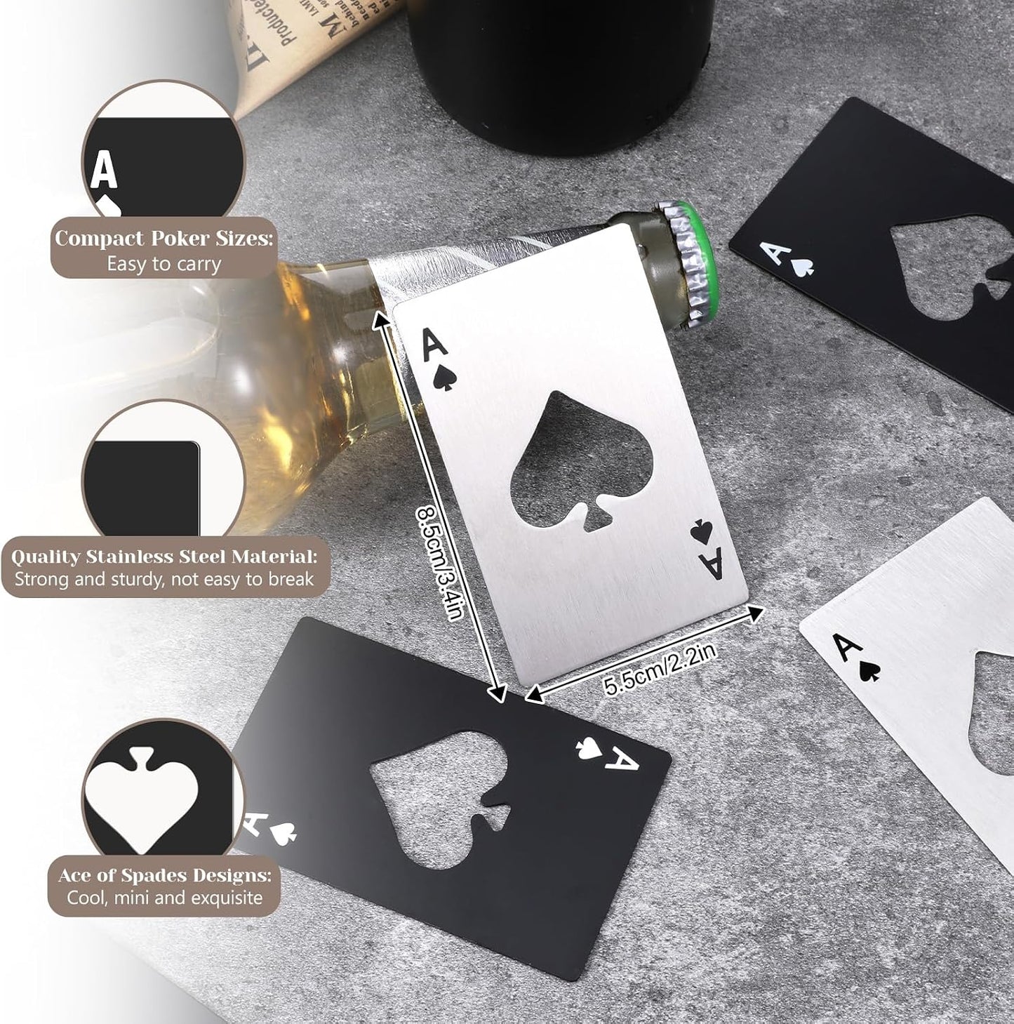 60 Abridores Tarjetas Póquer Acero Inox Plata Negro