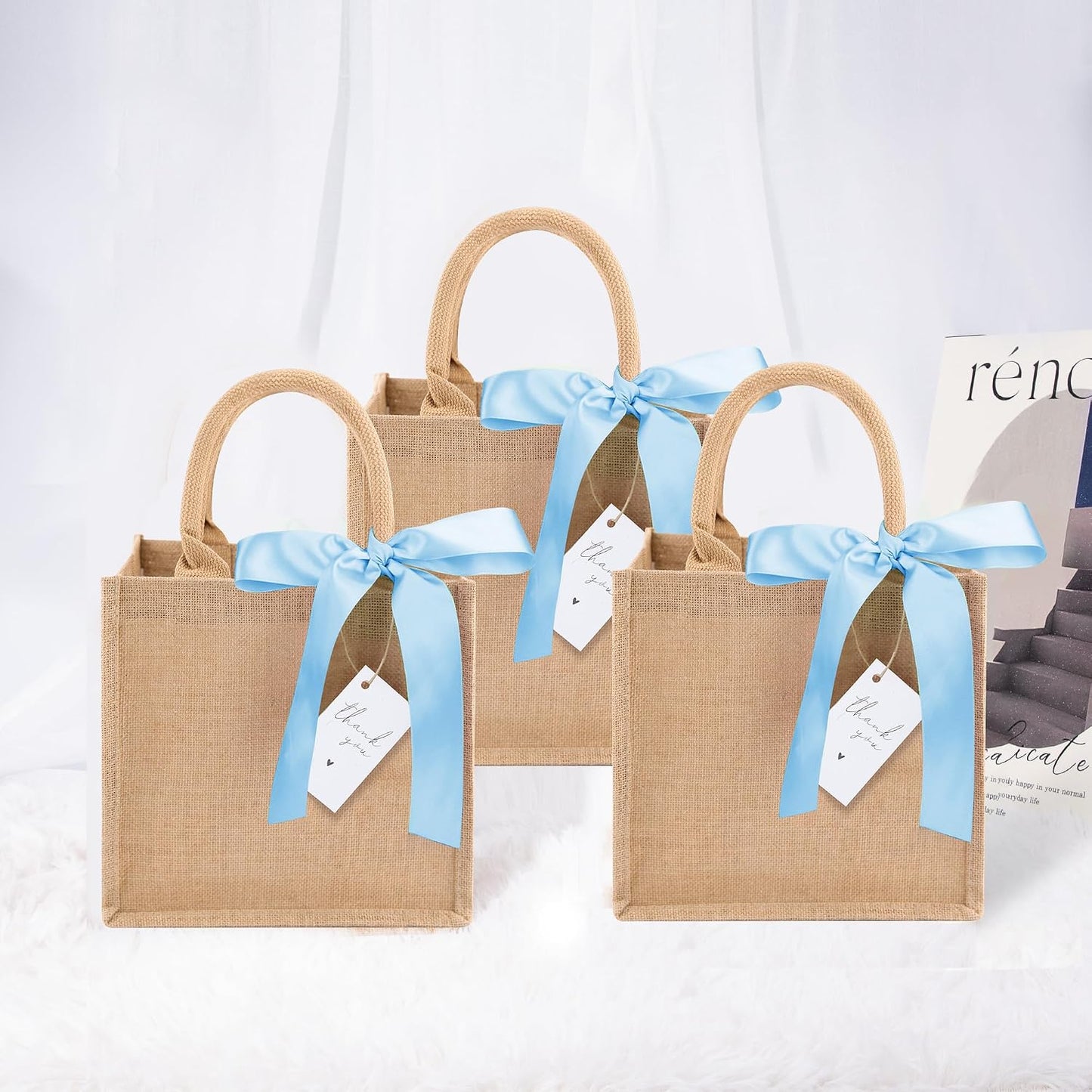 6 Pzas Bolsas Arpillera con Asas Reutiliz. Cinta Seda Azul