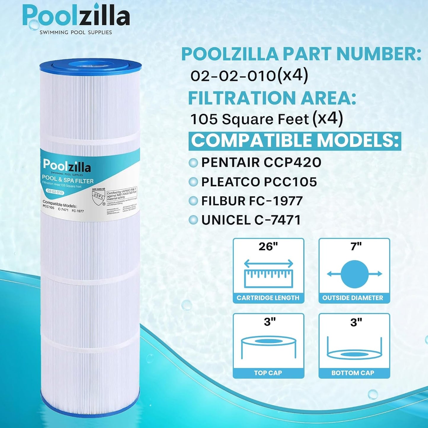4 Cartuchos Filtro Piscina Repuesto PCC105 FC-1977