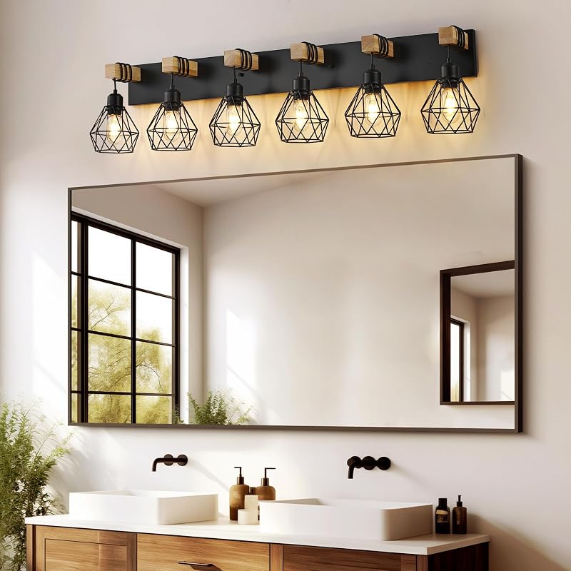 Lámpara tocador estilo granja 6 luces madera dormitorio