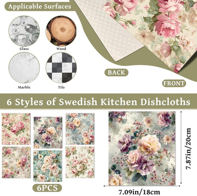 6 Pzas Paños Suecos Reutilizables Florales Vintage