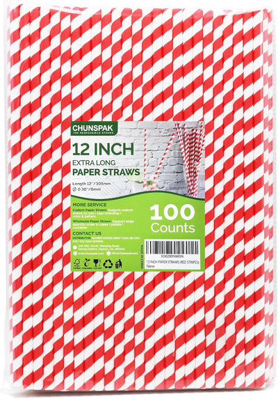 Pajitas papel 12pulg rayas rojas 100uds biodegradables
