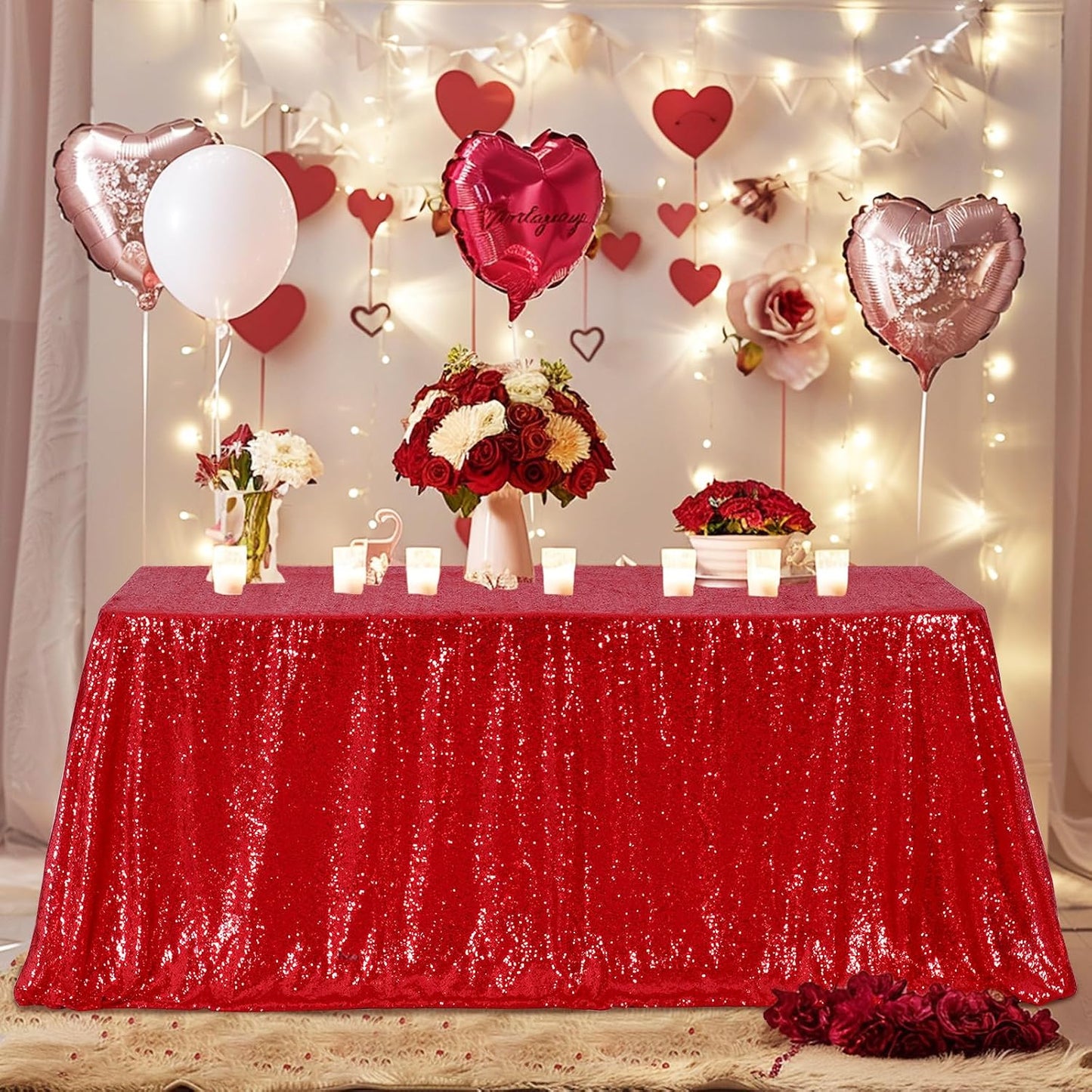 Mantel rectangular lentejuelas rojo 90x156pulg fiestas