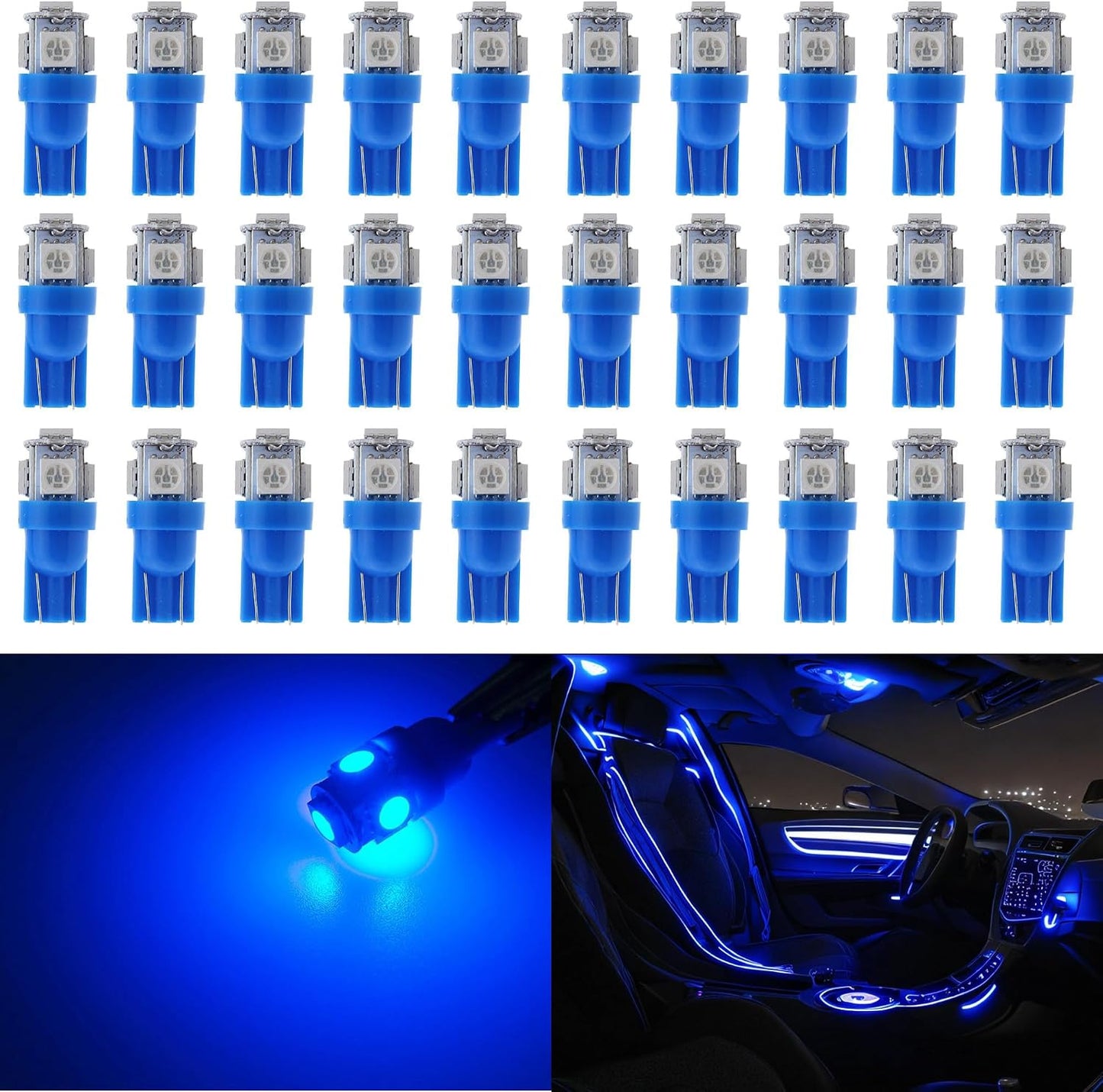 30 Bombillas LED T10 Azules 5SMD 5050 para W5W Luces Interior