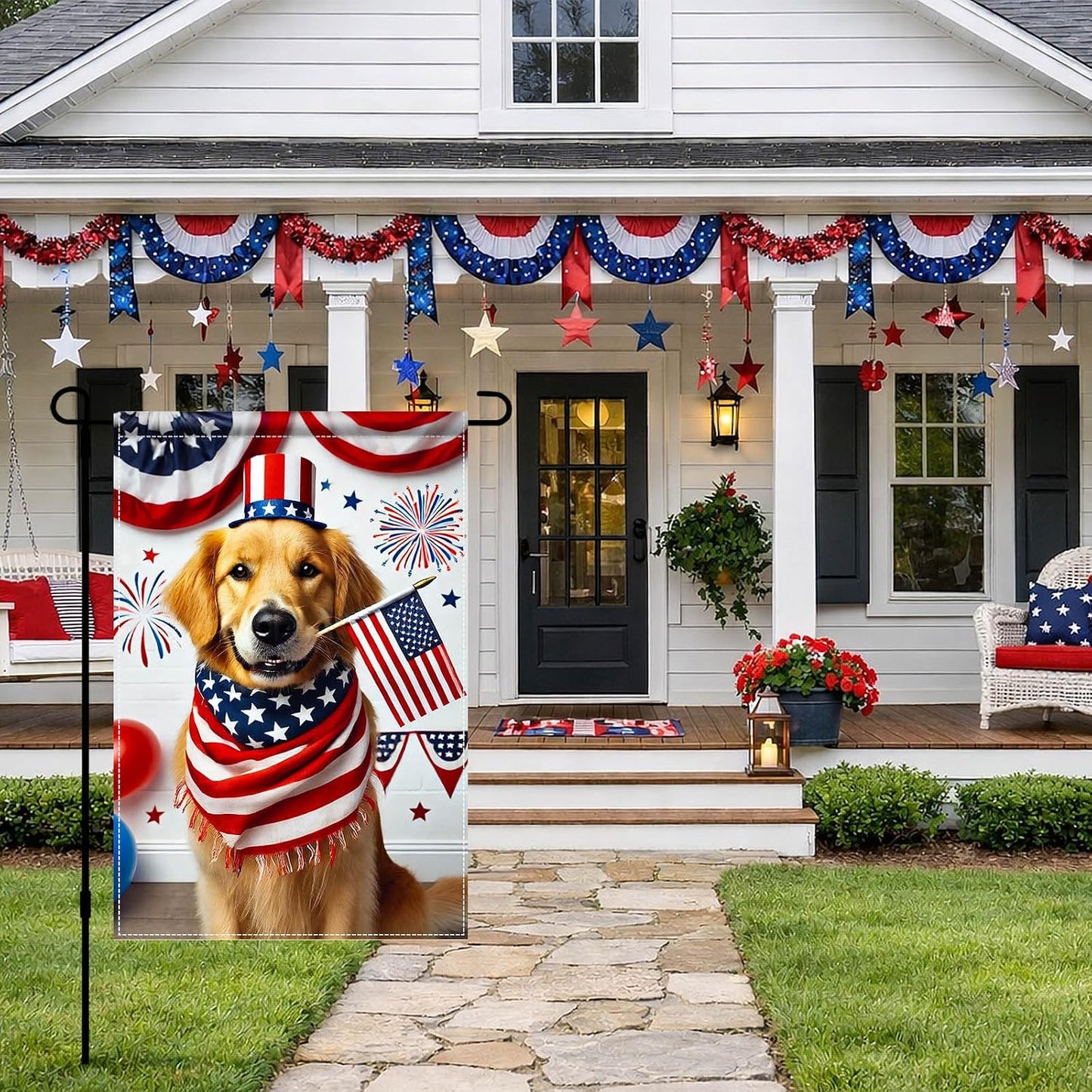 Bandera jardín 4 de Julio 12x18pulg perro golden retriever