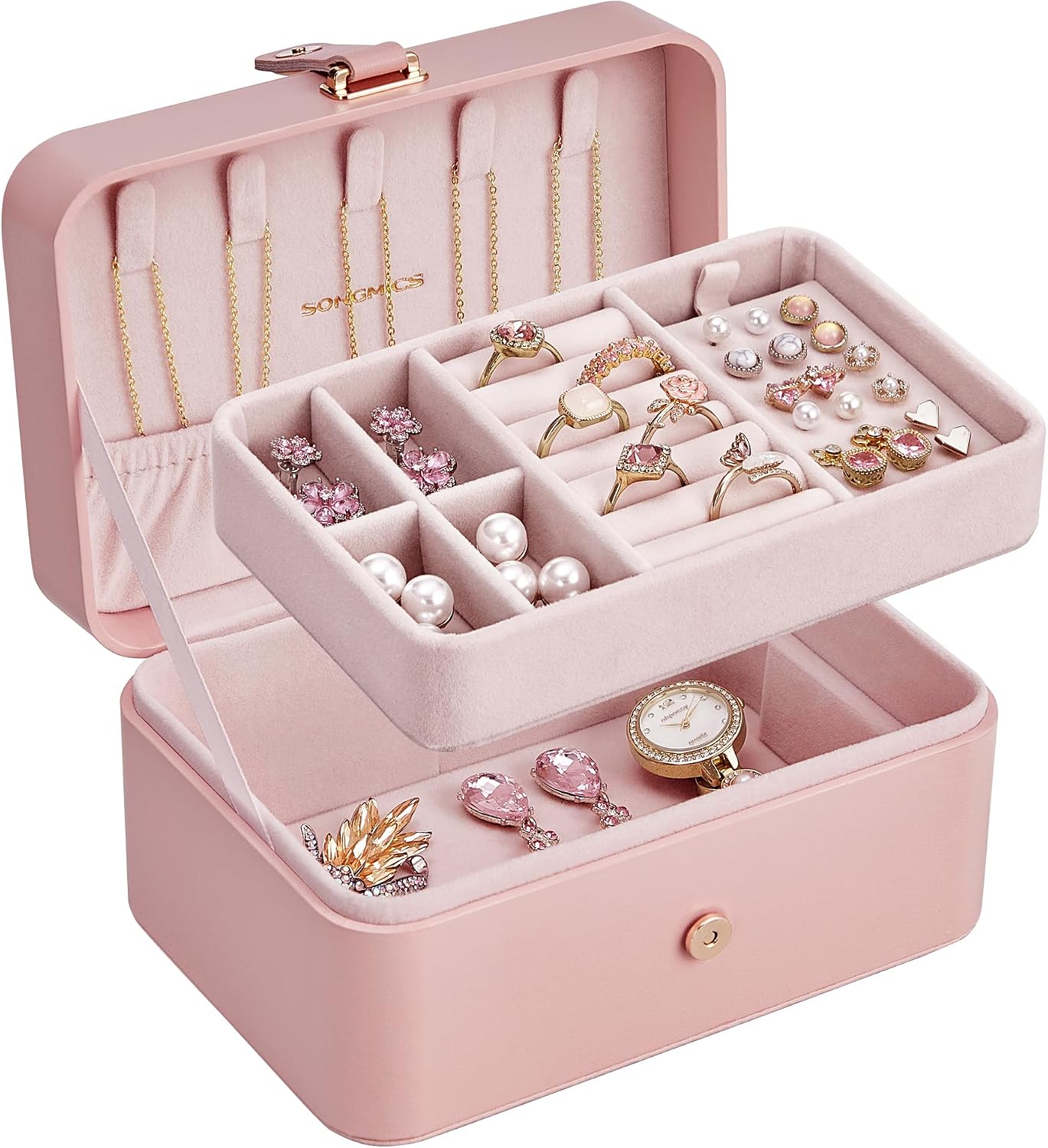 Caja organizadora joyas 2 capas viaje rosa
