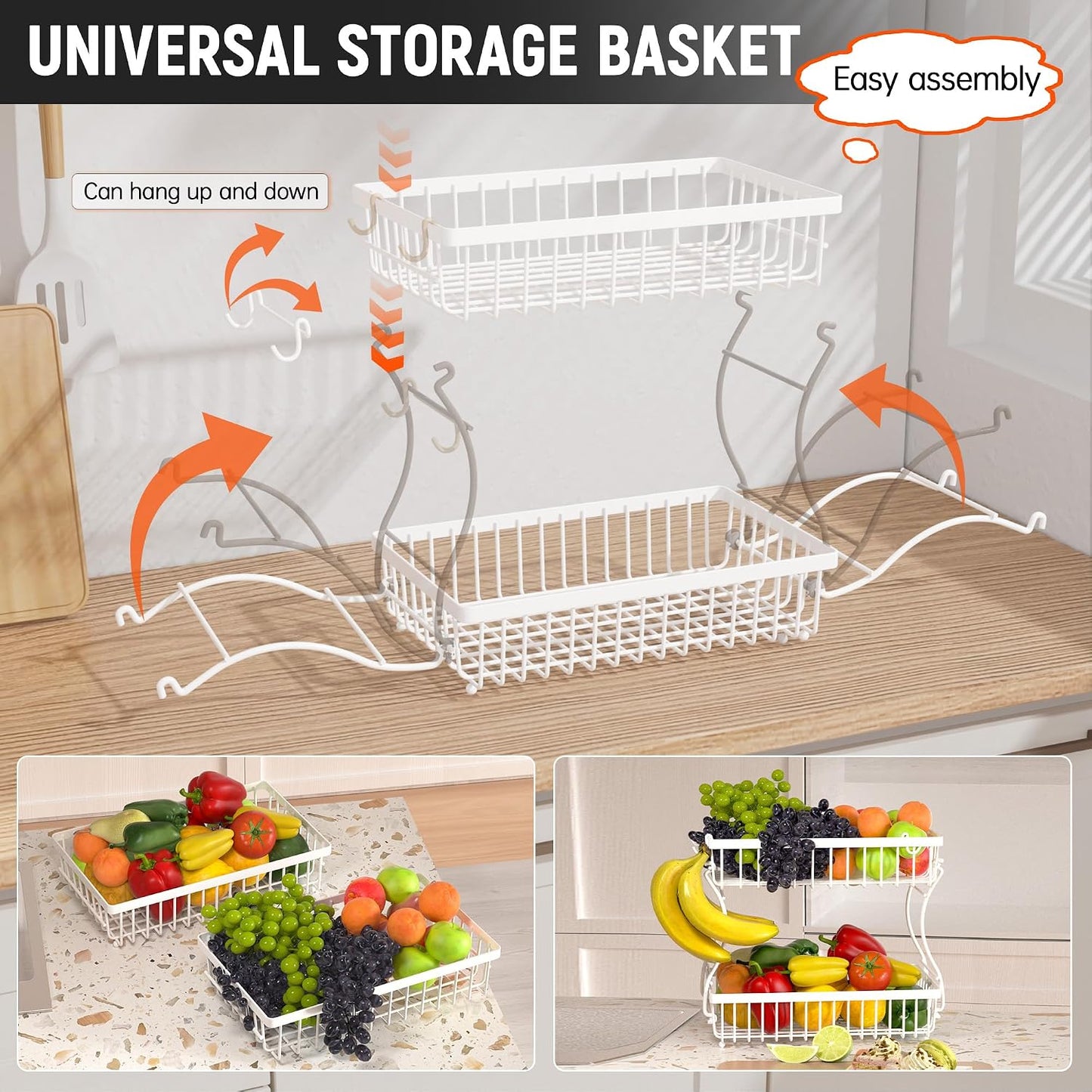 Cesta frutas 2 niveles colgador cocina metal blanco