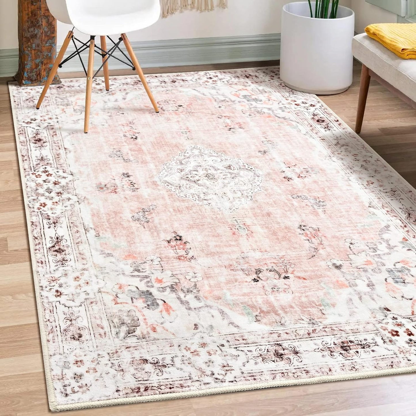 Alfombra boho 3x5pulg antiderrap rosa entrada dormitorio