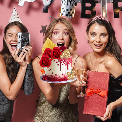 Decoración tartas rosas rojas 21uds estilo bohemio bolas doradas
