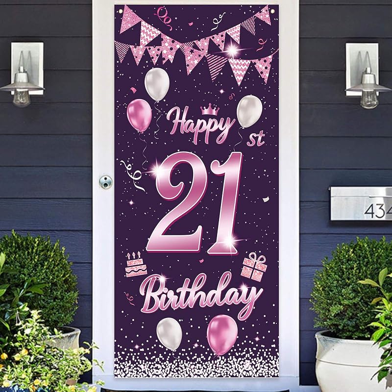 Cartel cumpleaños 21 rosa decoración puerta mujer